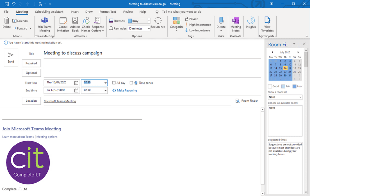 Create a Teams Meeting Via outlook